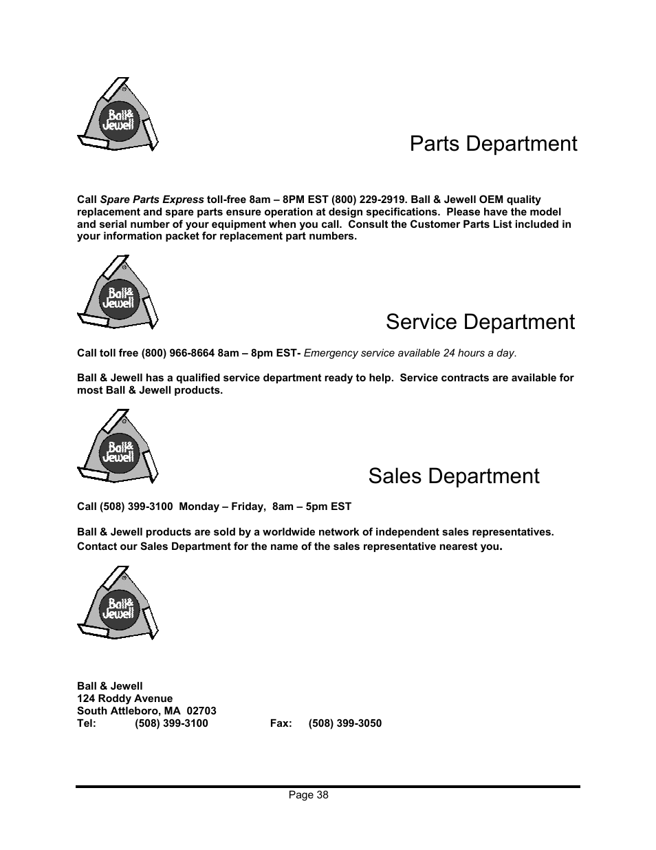 Parts department, Service department, Sales department | Sterling EX909 User Manual | Page 38 / 44