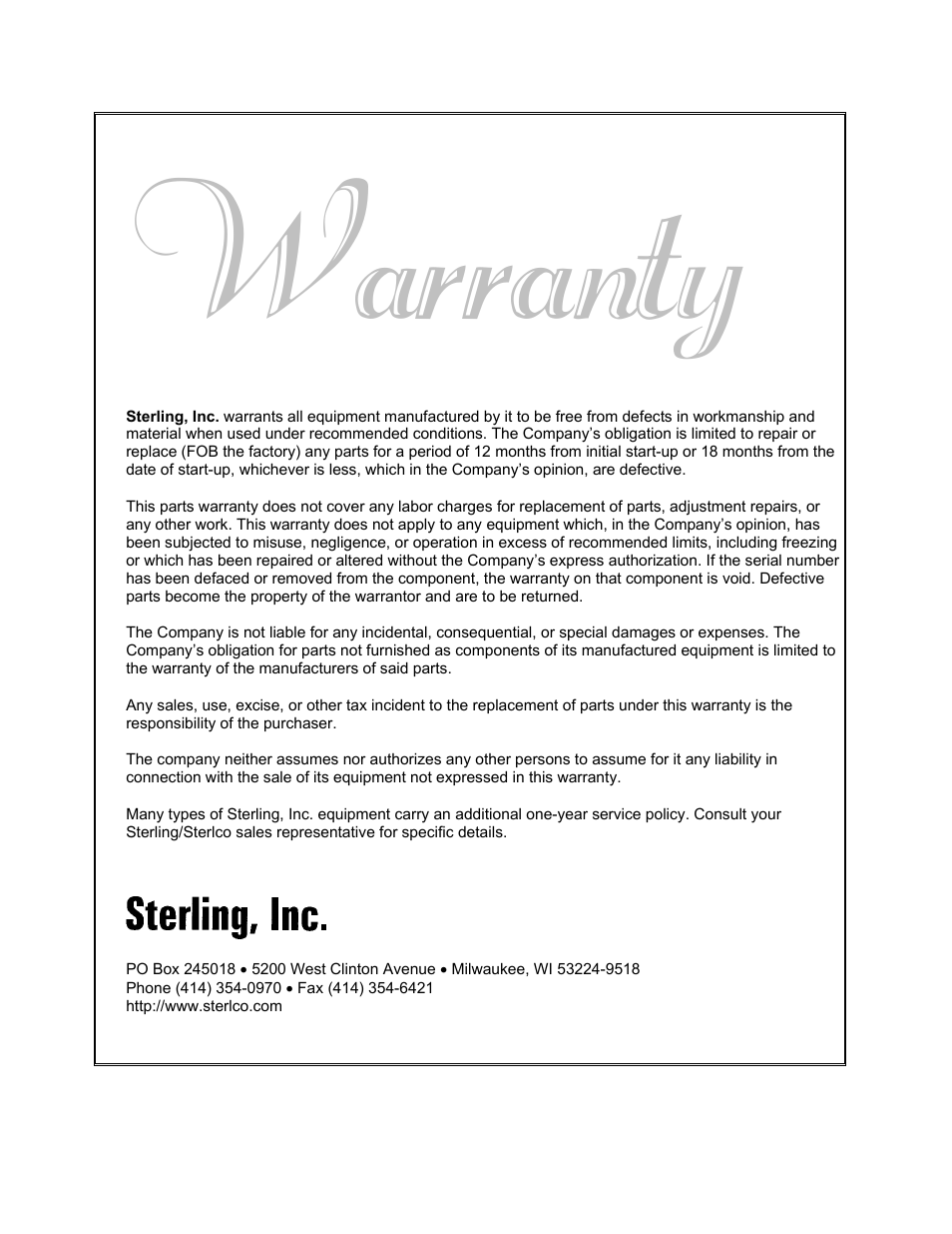 Warranty | Sterling EX909 User Manual | Page 43 / 44