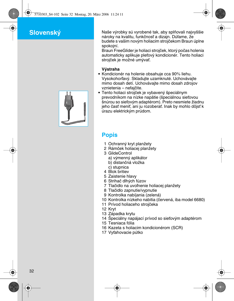 Slovensky, Slovensk, Popis | Braun 6640 User Manual | Page 32 / 99
