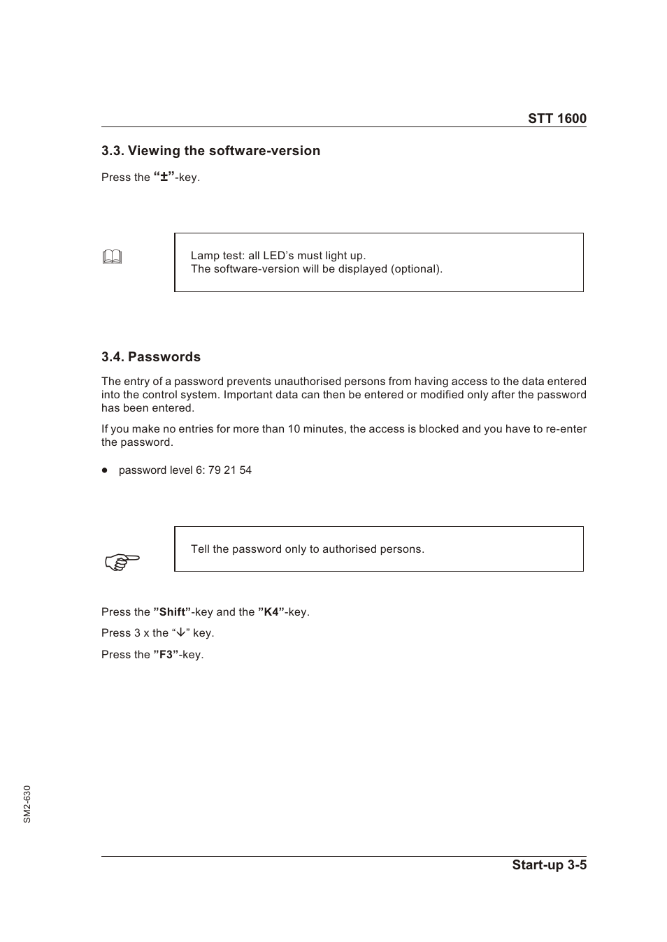 Viewing the software-version 3-5, Passwords 3-5, Viewing the soft ware-ver sion -5 | Pass words -5 | Sterling STT 1600 User Manual | Page 20 / 88