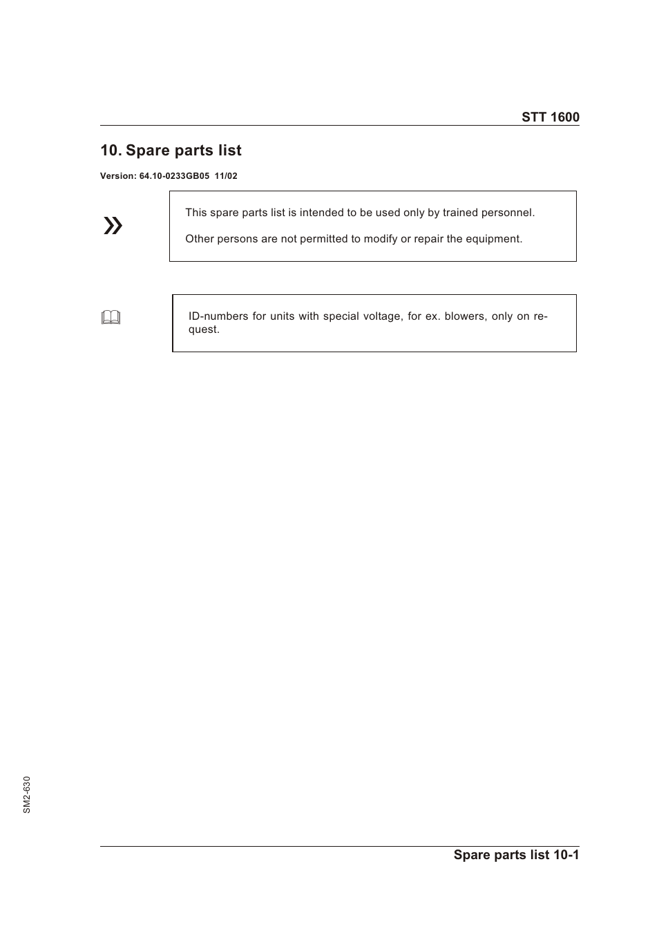 Spare parts list 10-1, Spare parts list -1 | Sterling STT 1600 User Manual | Page 74 / 88