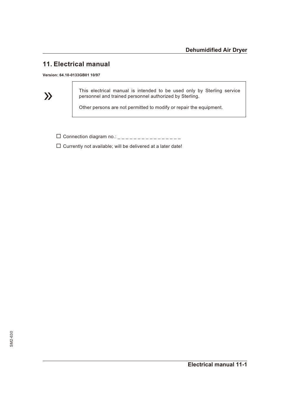 Electrical manual 11-1, Connection diagram no, Elec tri cal man ual -1 | Con nec tion di a gram no | Sterling STT 1600 User Manual | Page 79 / 88