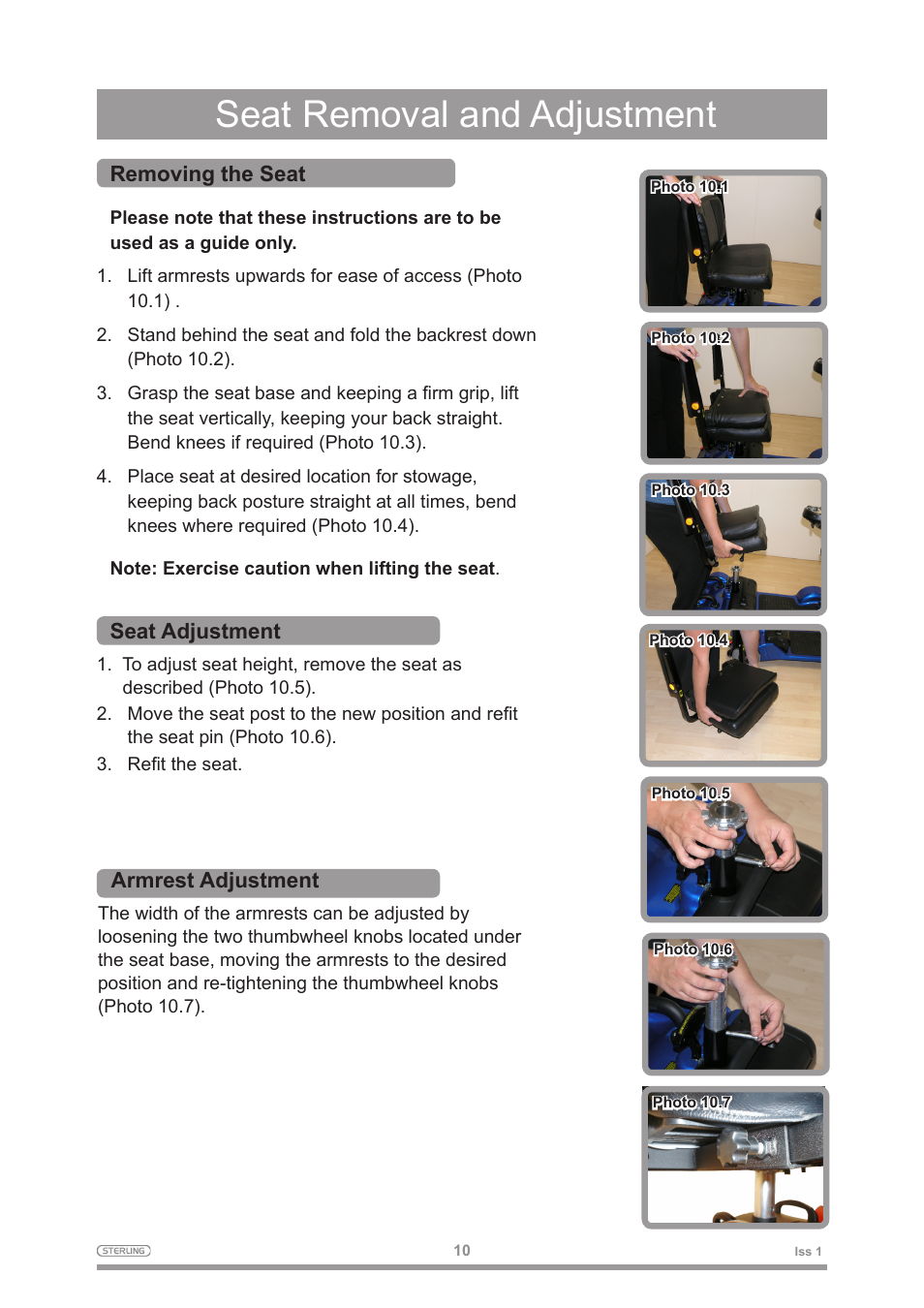 Seat removal and adjustment | Sterling 2 User Manual | Page 13 / 38