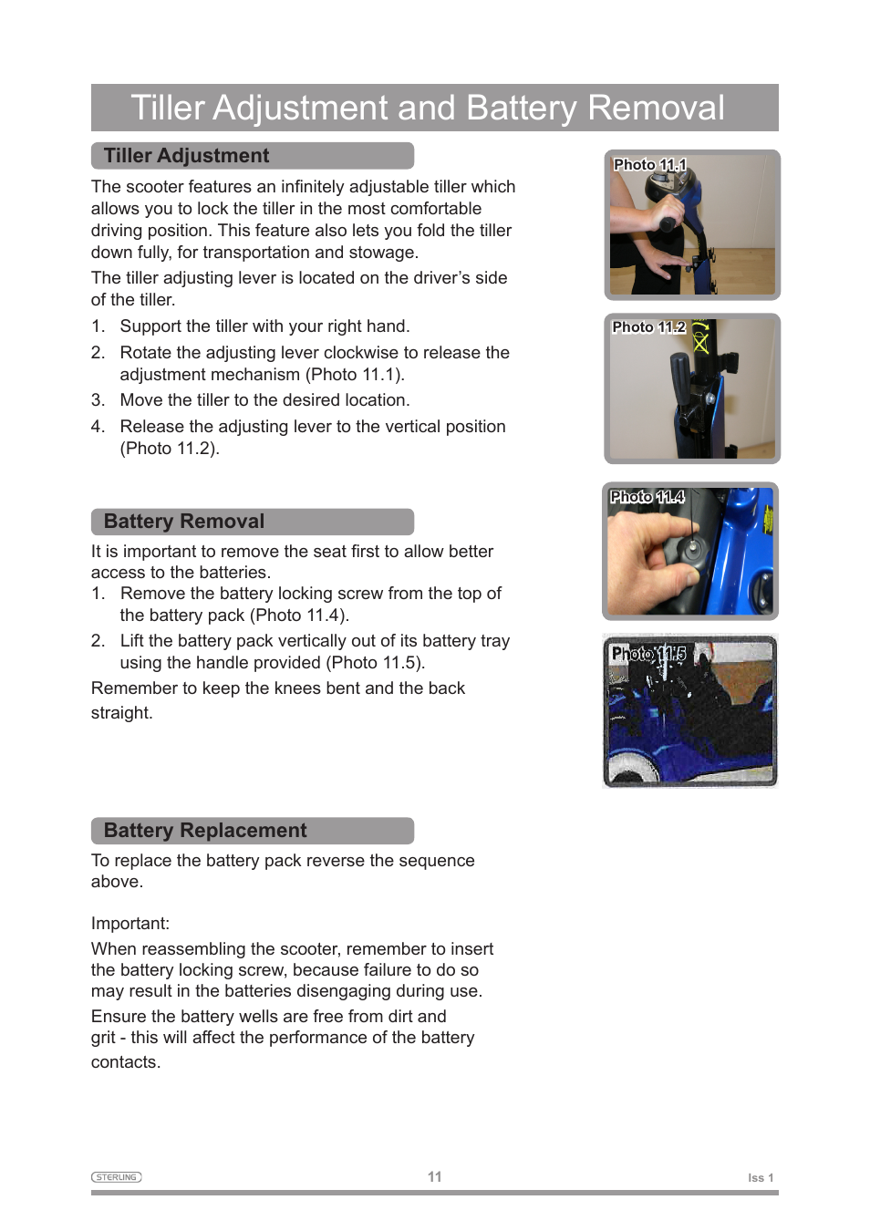 Tiller adjustment and battery removal | Sterling 2 User Manual | Page 14 / 38