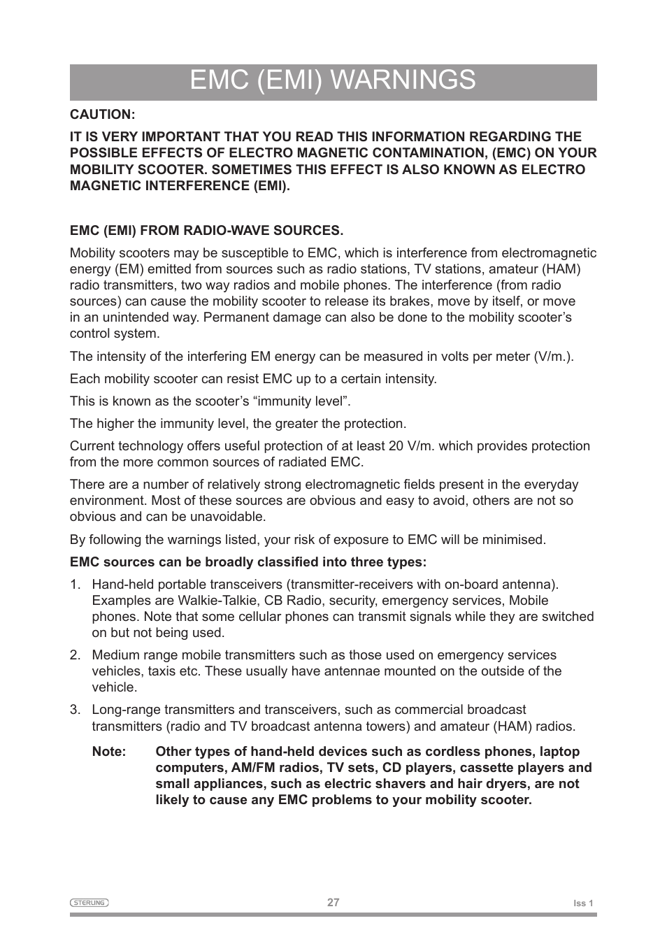 Emc (emi) warnings | Sterling 2 User Manual | Page 30 / 38