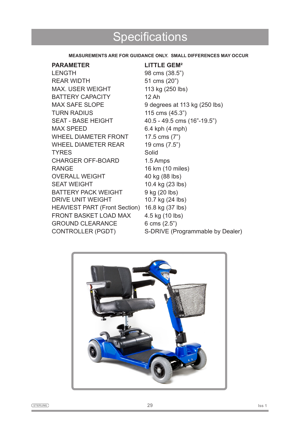 Specifications | Sterling 2 User Manual | Page 32 / 38