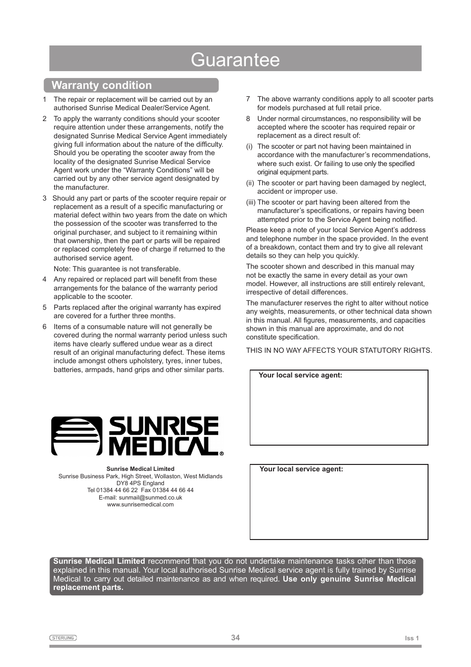 Guarantee, Warranty condition | Sterling 2 User Manual | Page 37 / 38