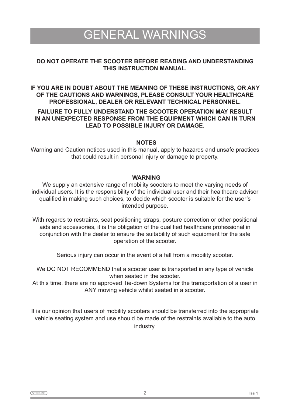 General warnings | Sterling 2 User Manual | Page 5 / 38