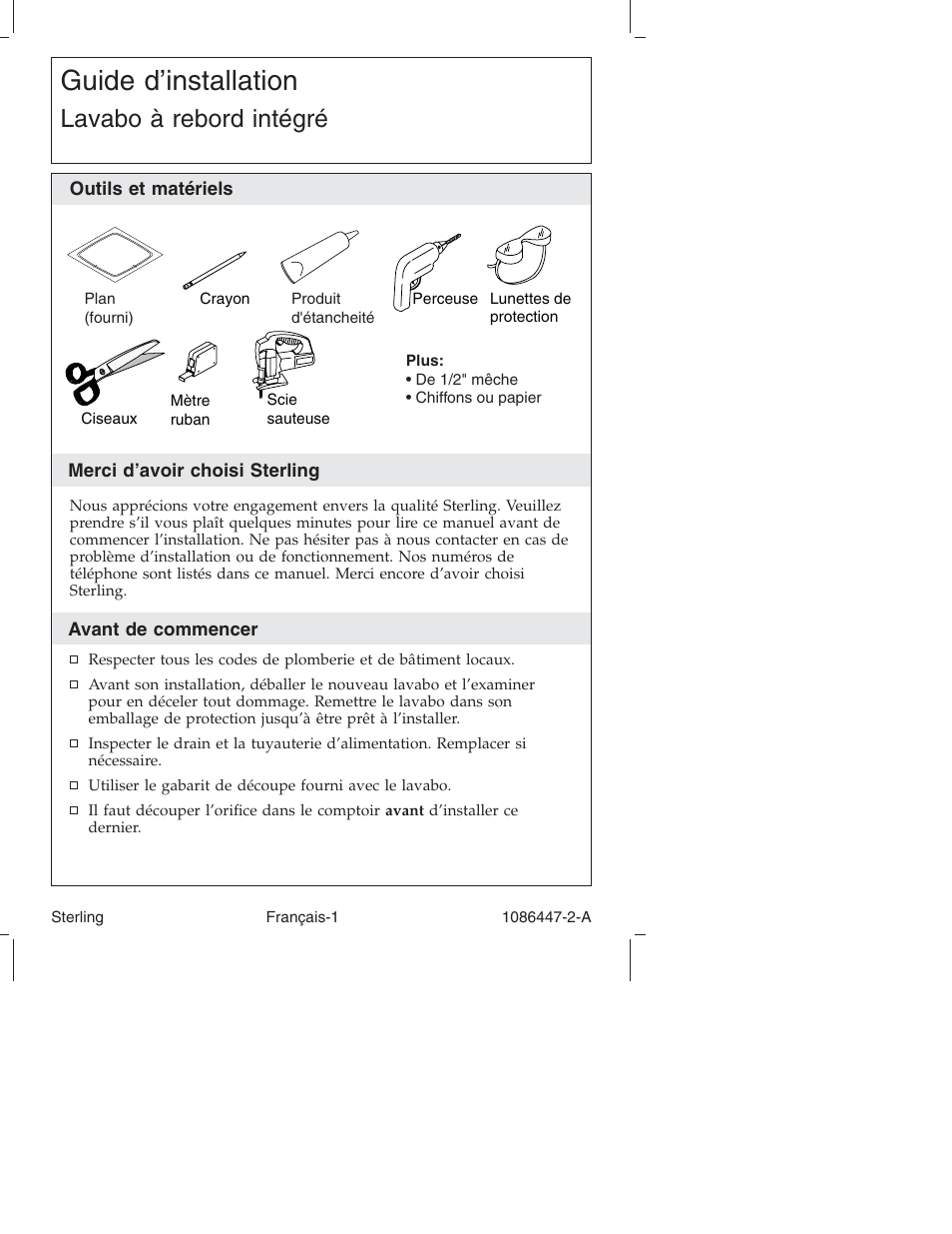 Guide d’installation, Lavabo à rebord intégré | Sterling 1086447-2-A User Manual | Page 6 / 16