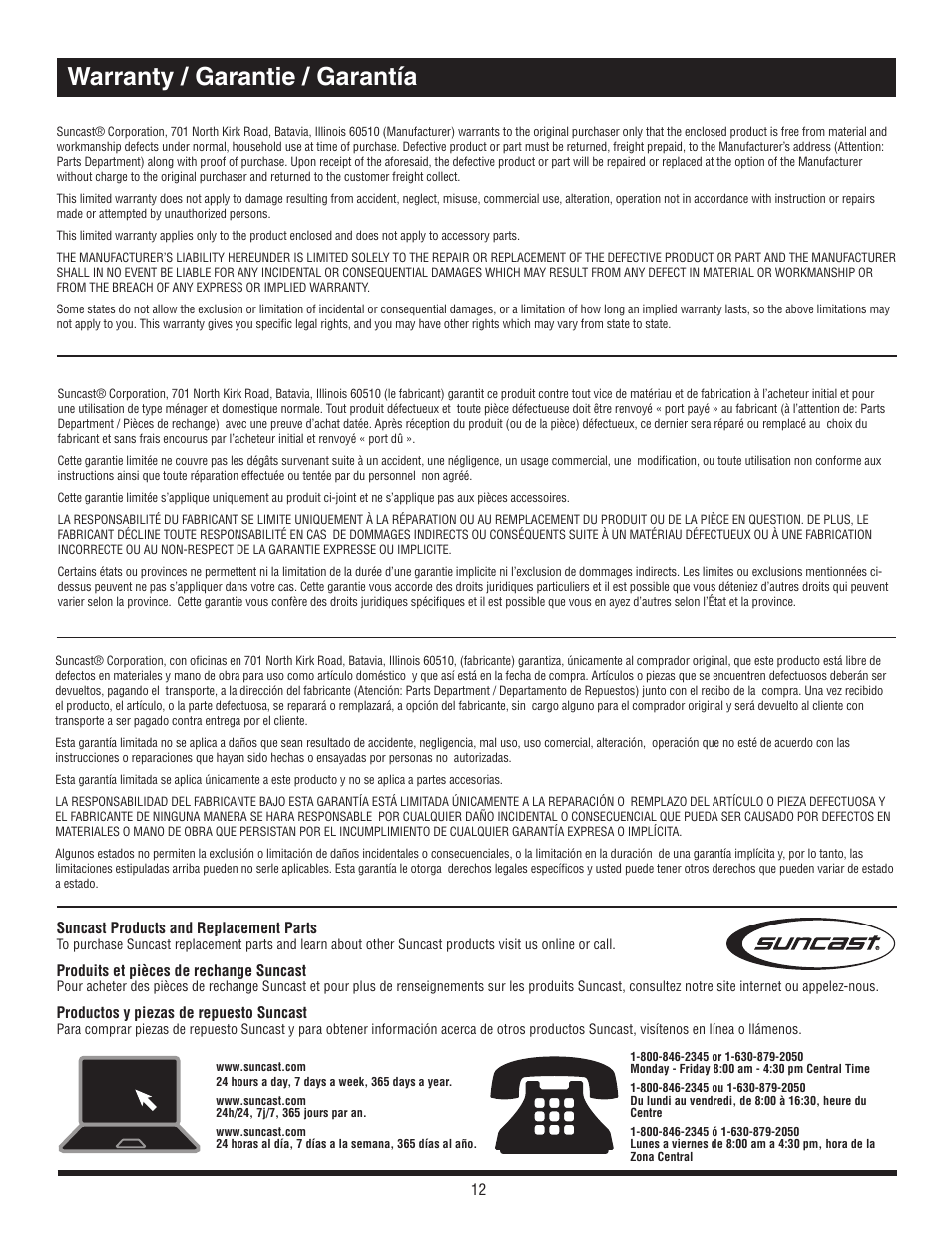 Warranty / garantie / garantía | Suncast RBD939 User Manual | Page 12 / 12