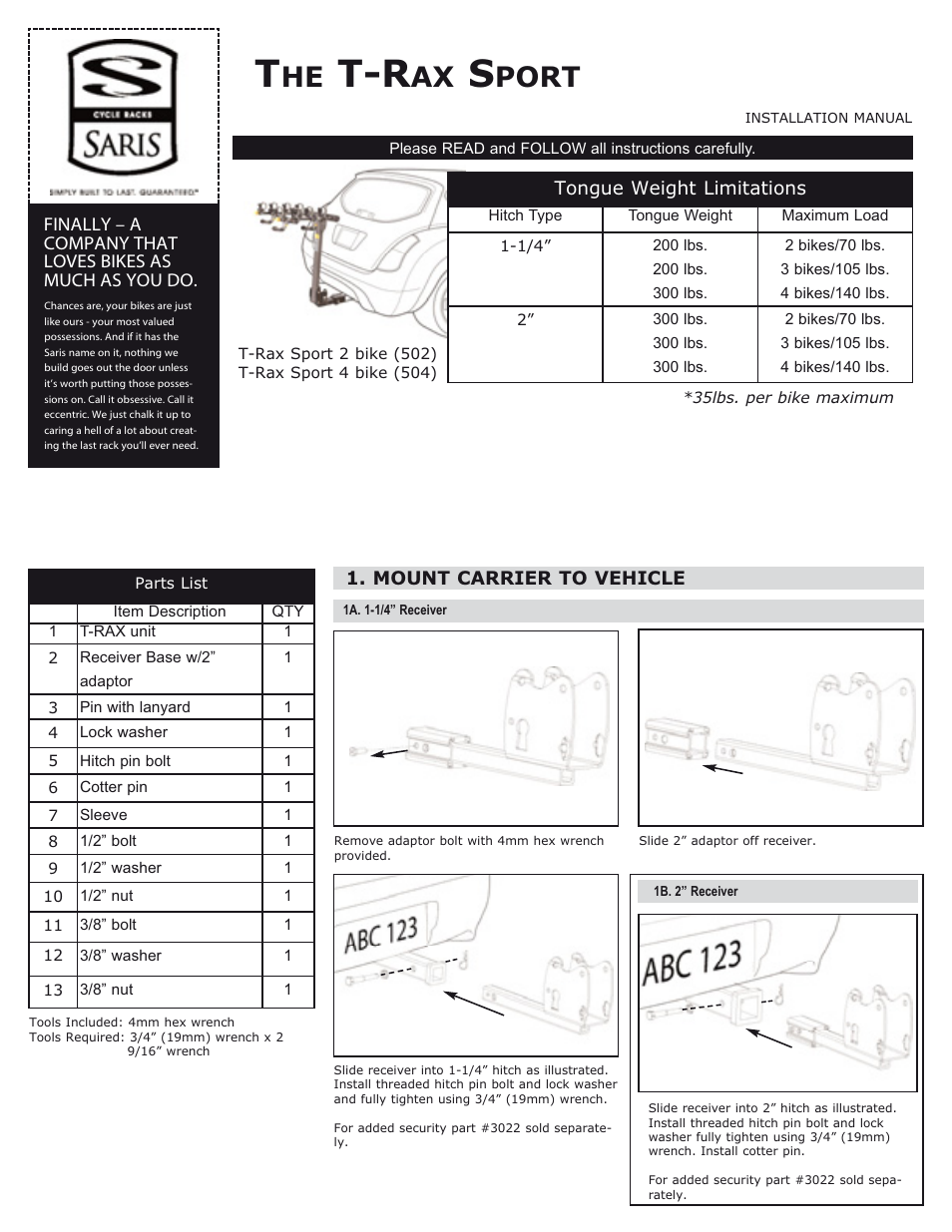 Saris The T-Rax Sport 4 bike User Manual | 4 pages