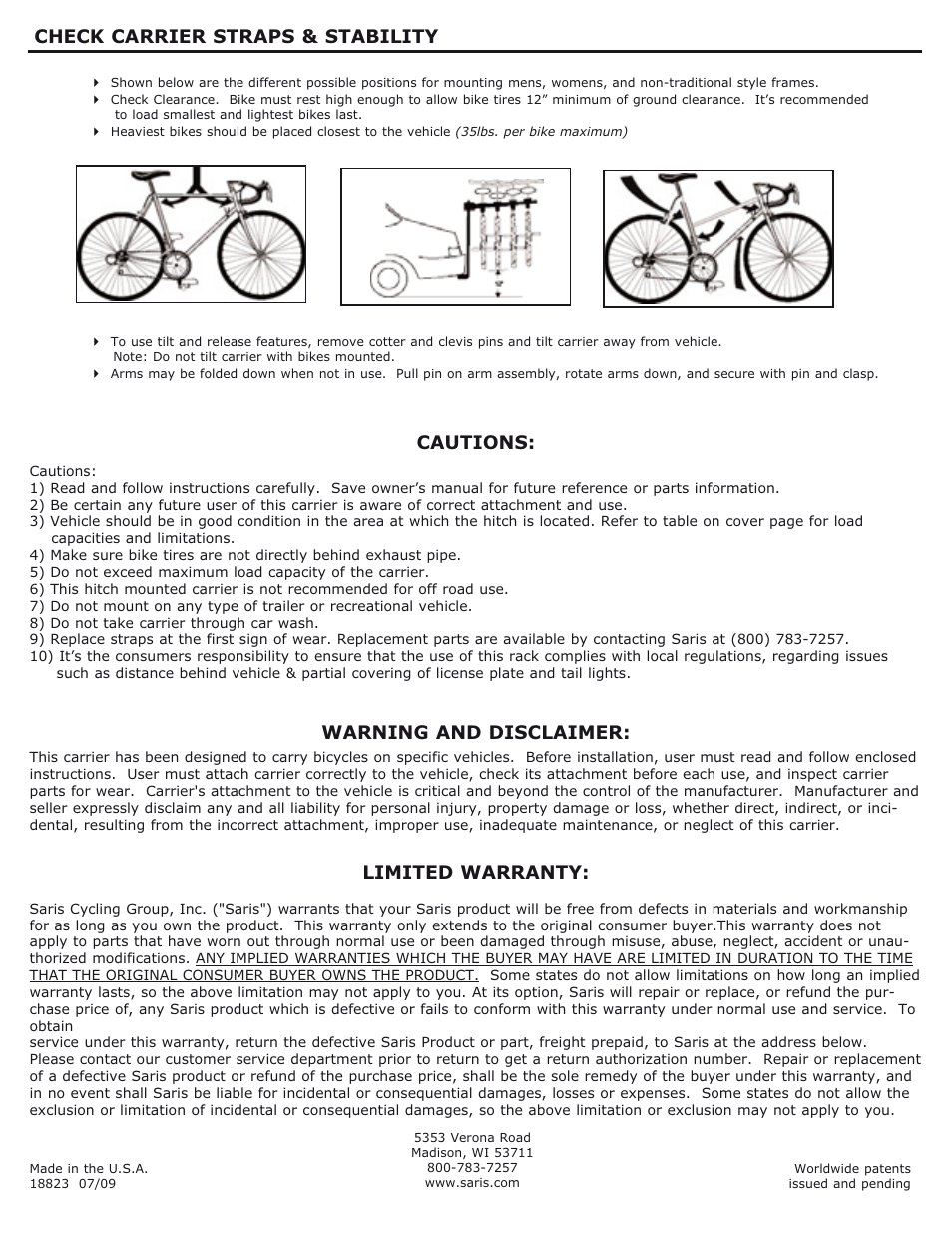 Cautions, Warning and disclaimer: limited warranty, Check carrier straps & stability | Saris The T-Rax Sport 4 bike User Manual | Page 4 / 4