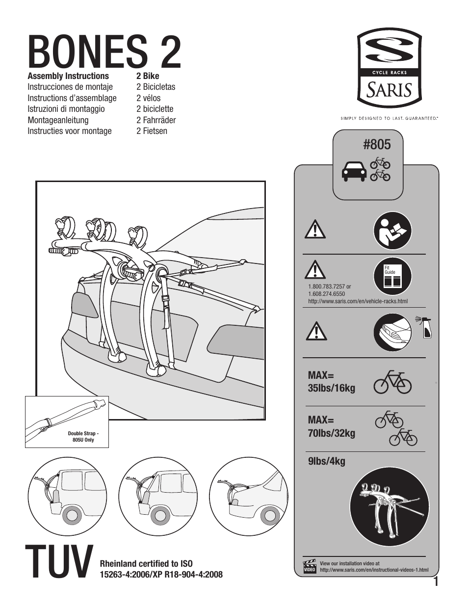 Saris Bones 2 (2-Bike) 805 User Manual | 6 pages