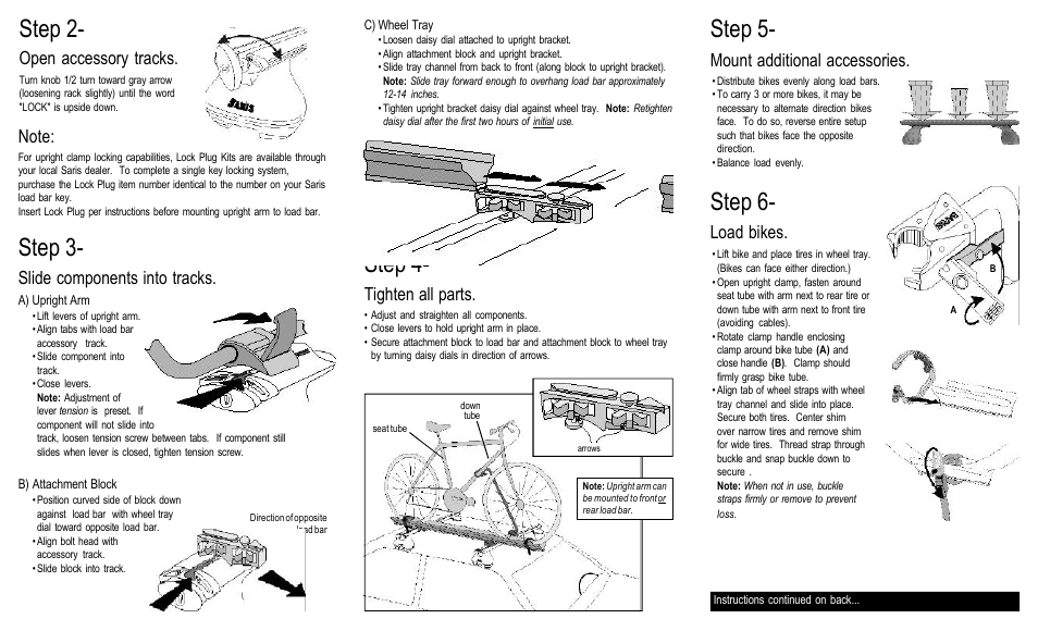 Step 2, Step 4, Step 5 | Step 3, Step 6, Open accessory tracks, Tighten all parts, Mount additional accessories, Slide components into tracks, Load bikes | Saris 911 User Manual | Page 2 / 2