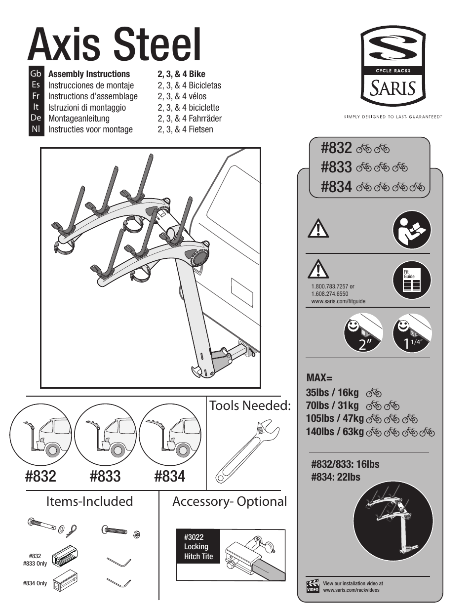 Saris Axis Steel #832 User Manual | 6 pages