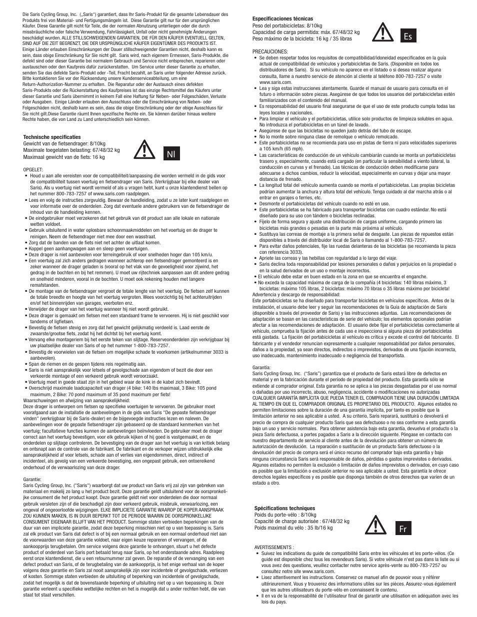 Nl fr es | Saris Axis Steel #832 User Manual | Page 5 / 6