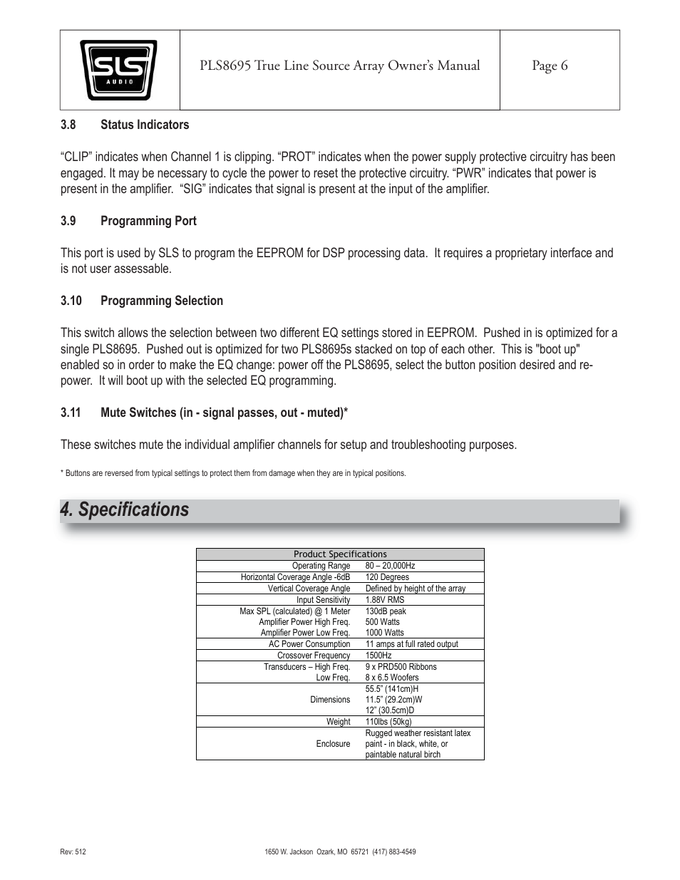 Specifications | SLS Audio PLS8695 User Manual | Page 6 / 6