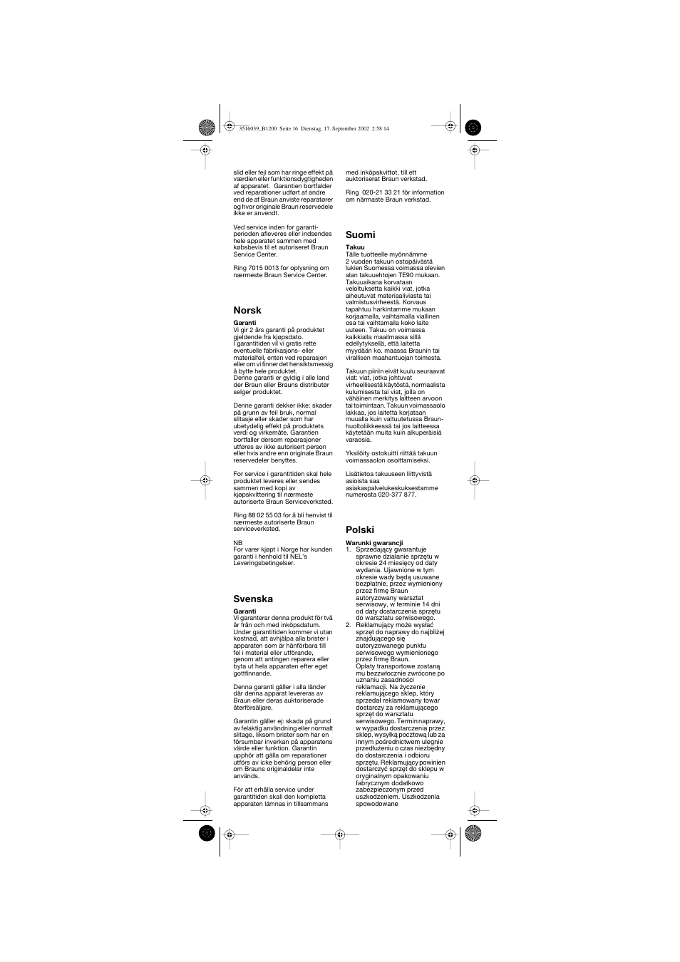 Norsk, Svenska, Suomi | Polski | Braun B 1200 User Manual | Page 16 / 22