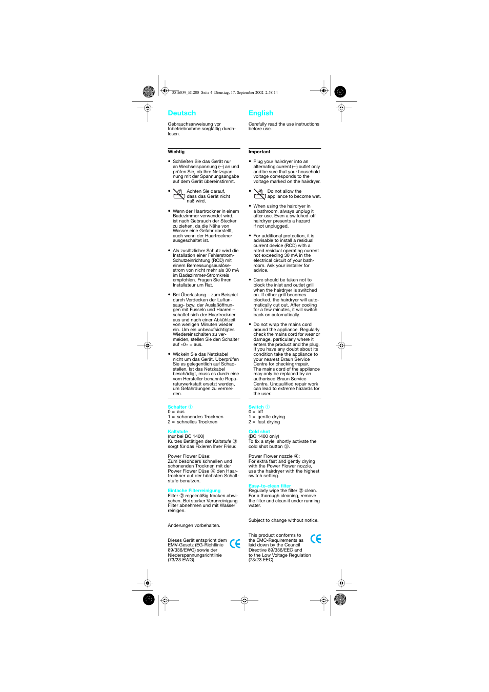 Deutsch, English, Deutsch english | Braun B 1200 User Manual | Page 4 / 22