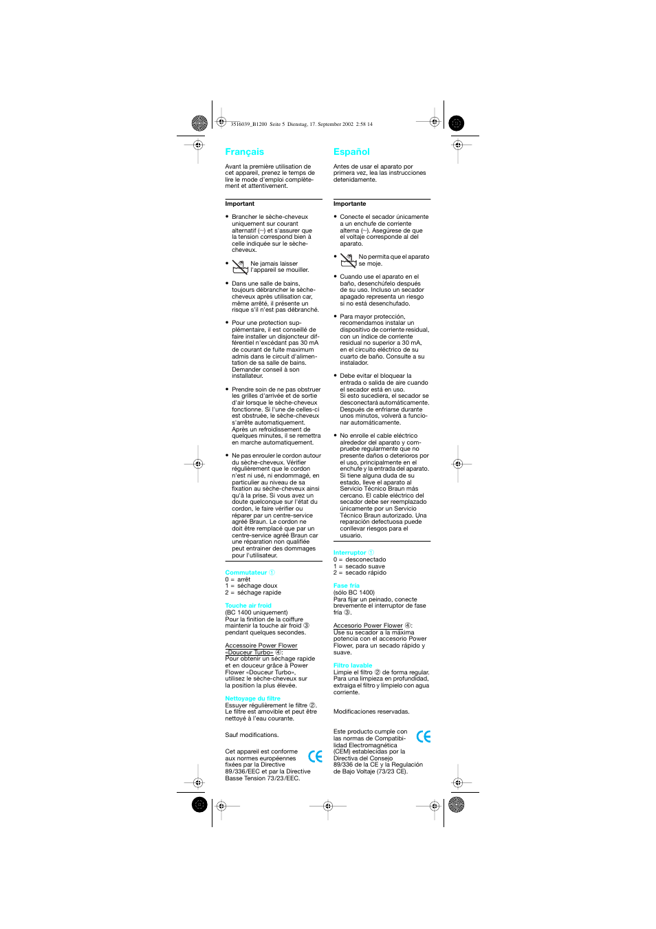 Français, Español, Français español | Braun B 1200 User Manual | Page 5 / 22