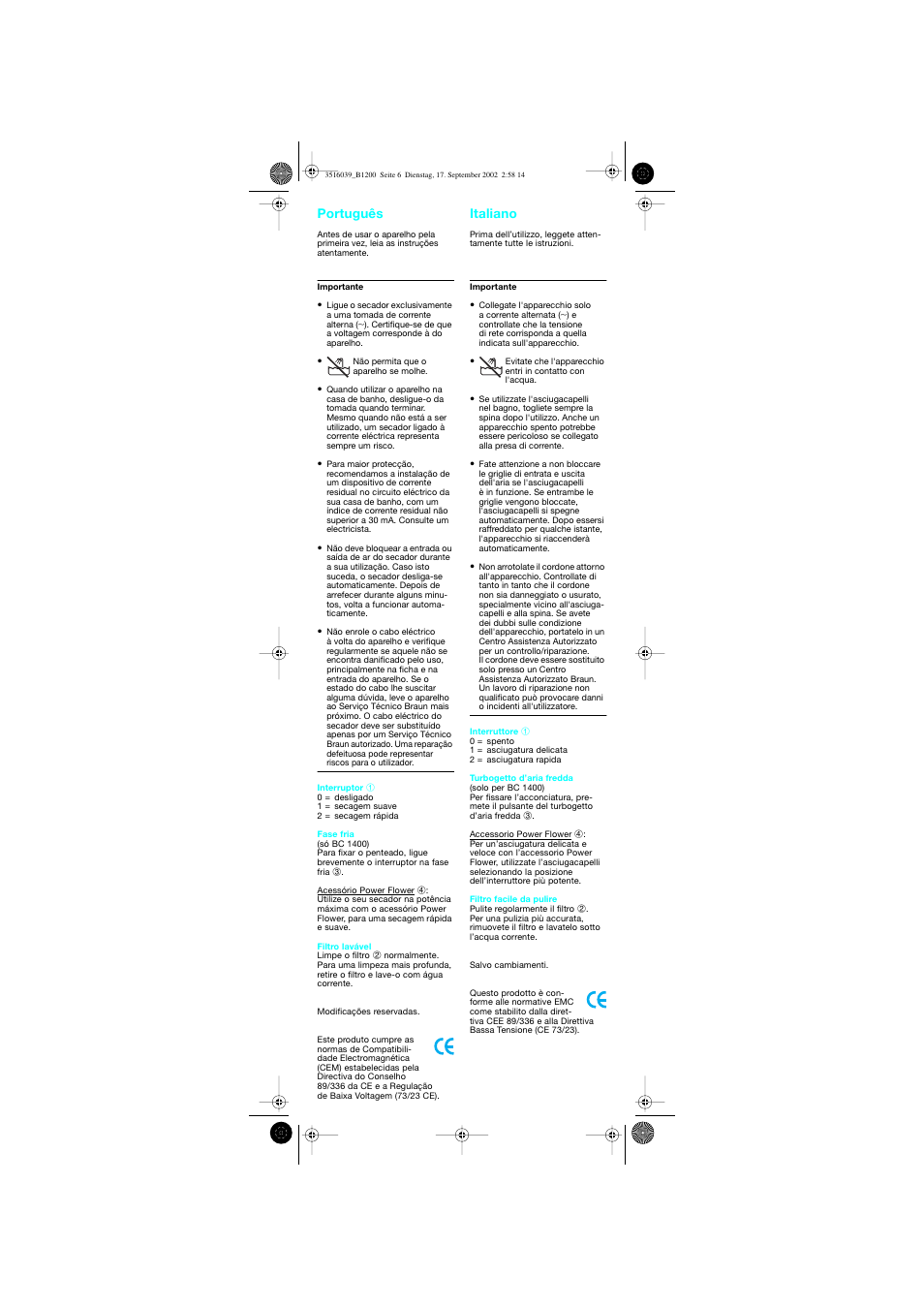 Português, Italiano, Português italiano | Braun B 1200 User Manual | Page 6 / 22