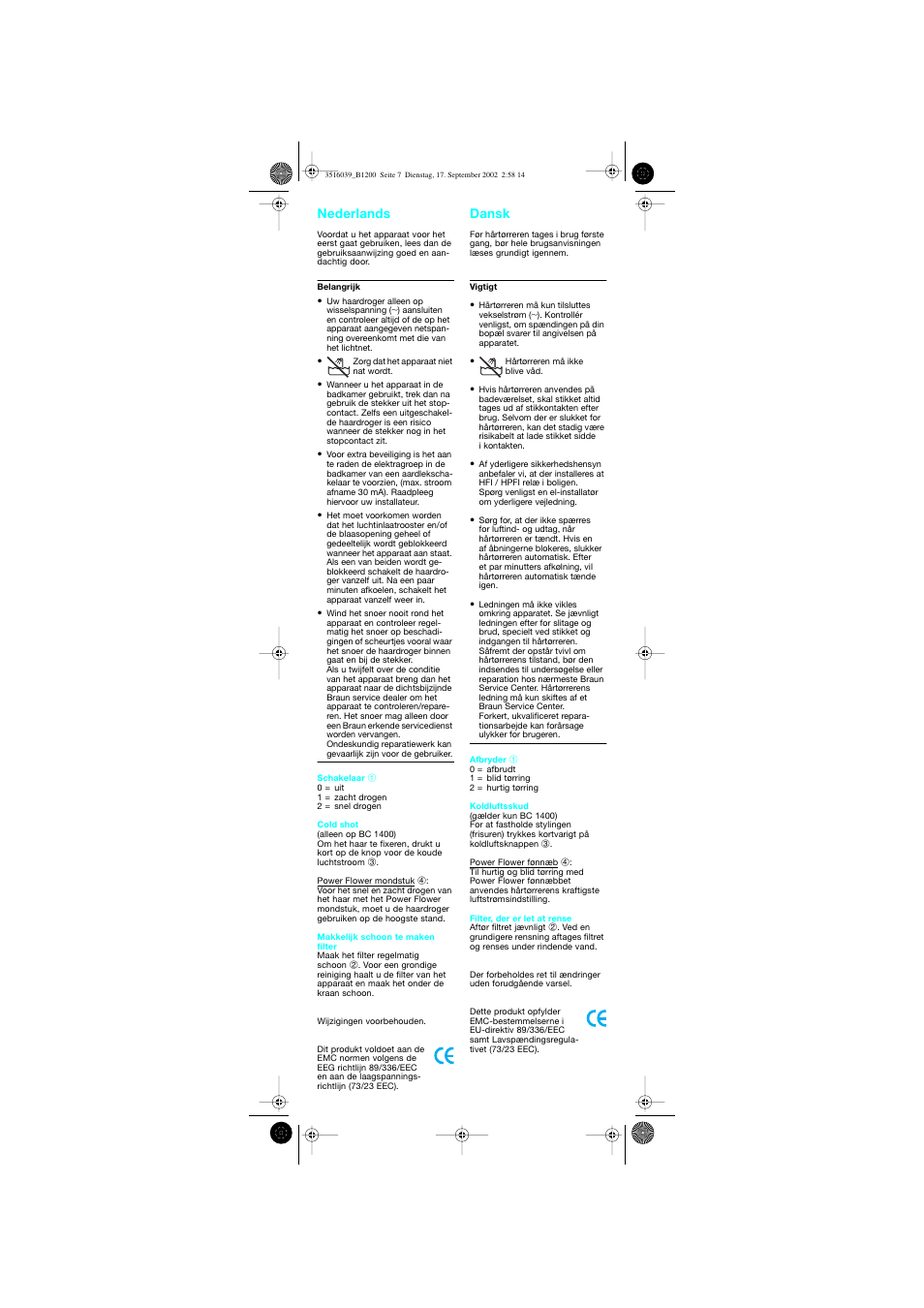 Nederlands, Dansk, Nederlands dansk | Braun B 1200 User Manual | Page 7 / 22