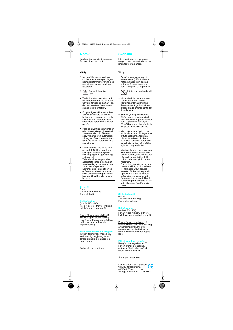 Norsk, Svenska, Norsk svenska | Braun B 1200 User Manual | Page 8 / 22