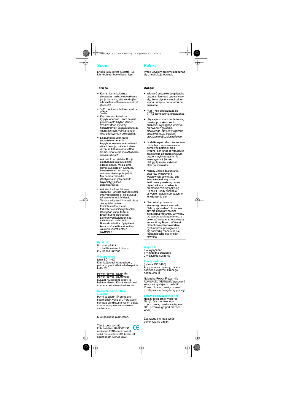 Suomi, Polski, Suomi polski | Braun B 1200 User Manual | Page 9 / 22