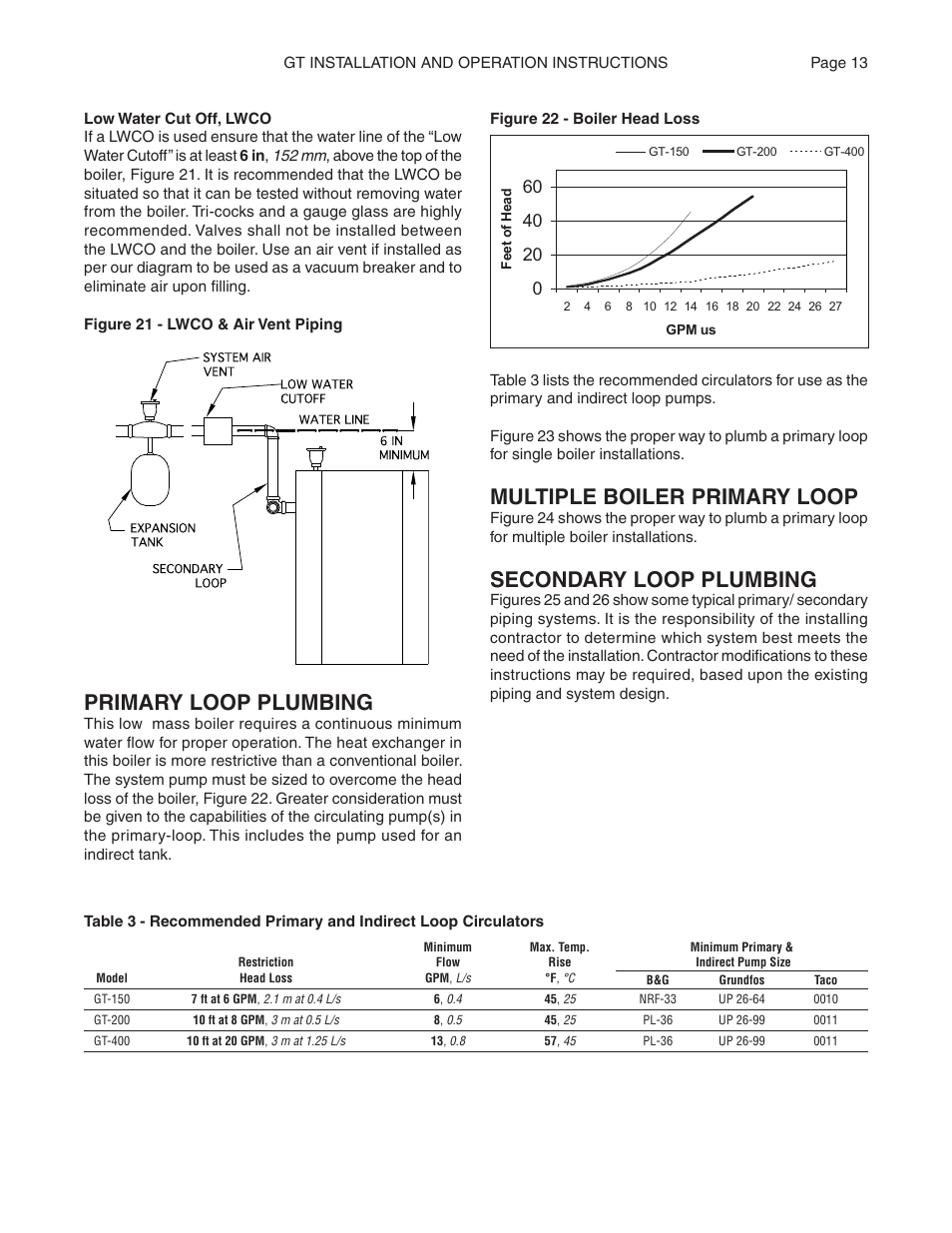 Primary loop plumbing, Multiple boiler primary loop, Secondary loop plumbing | Smith Cast Iron Boilers GT Series User Manual | Page 13 / 44