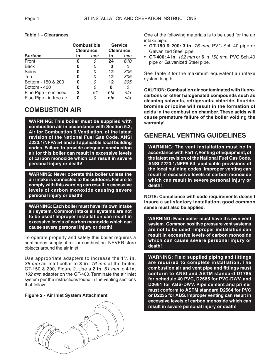 General venting guidelines, Combustion air | Smith Cast Iron Boilers GT Series User Manual | Page 4 / 44