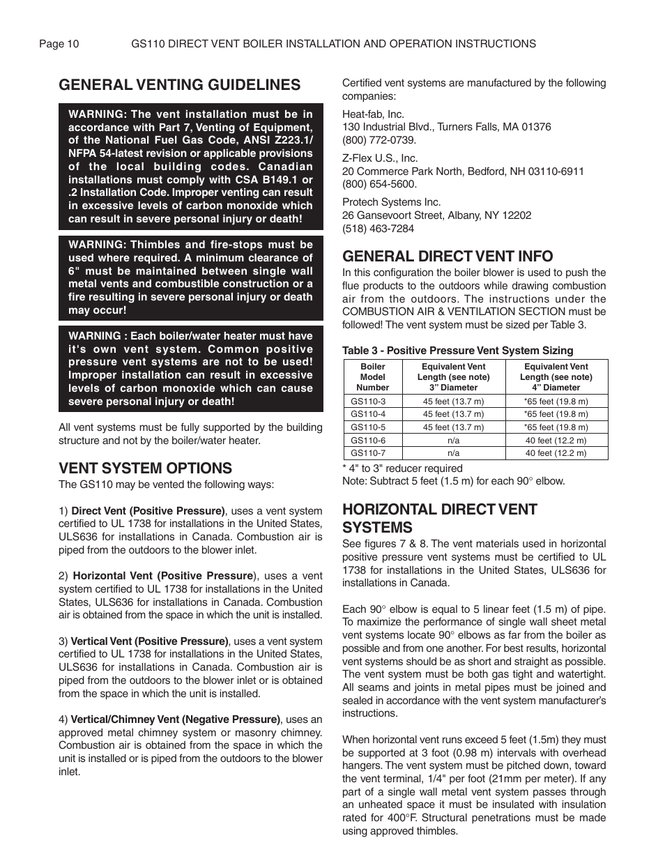 General direct vent info, Horizontal direct vent systems, General venting guidelines | Vent system options | Smith Cast Iron Boilers GS110W User Manual | Page 10 / 32