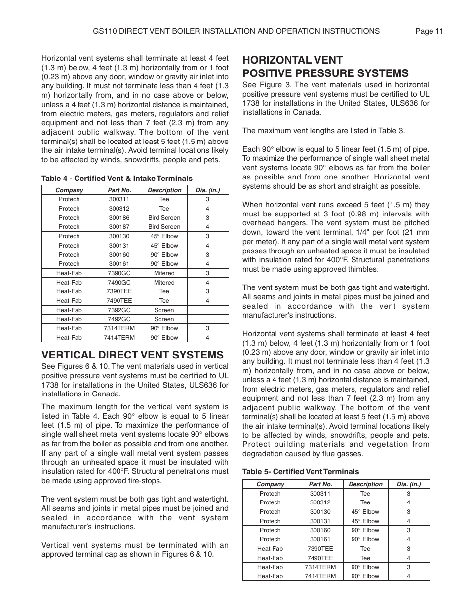Vertical direct vent systems, Horizontal vent positive pressure systems | Smith Cast Iron Boilers GS110W User Manual | Page 11 / 32