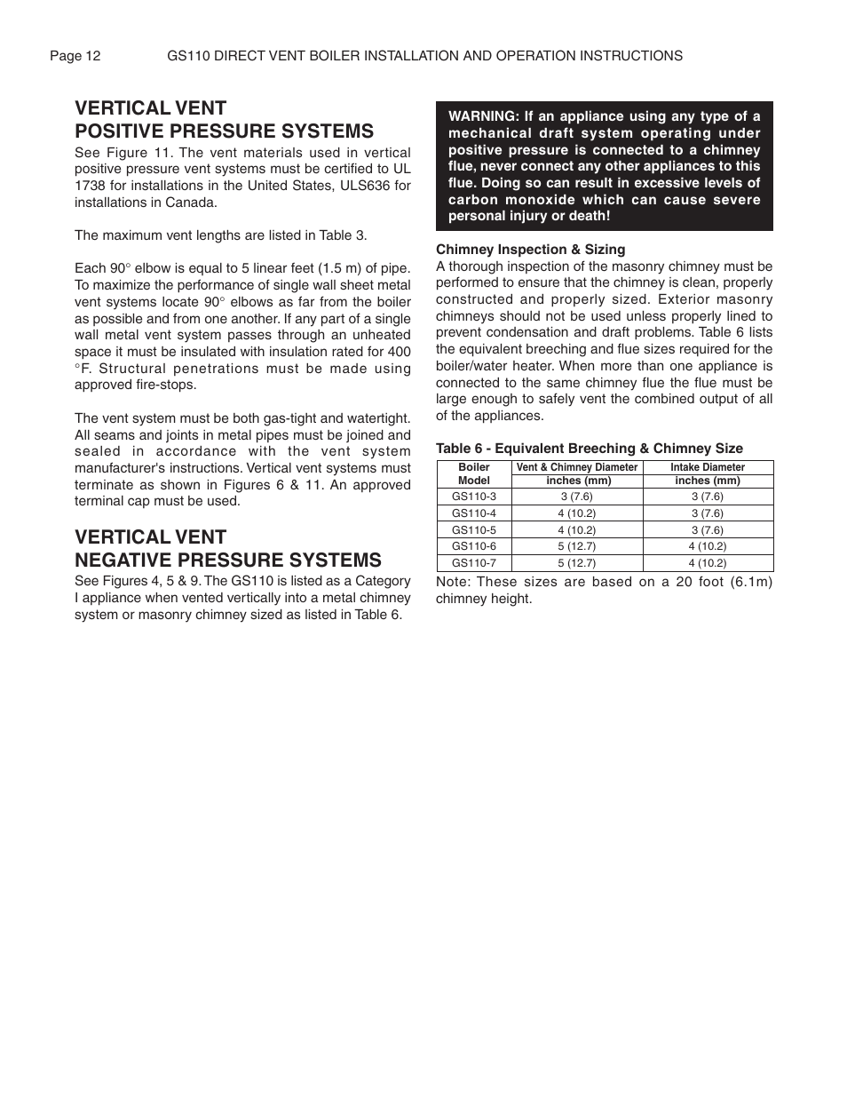 Vertical vent positive pressure systems, Vertical vent negative pressure systems | Smith Cast Iron Boilers GS110W User Manual | Page 12 / 32