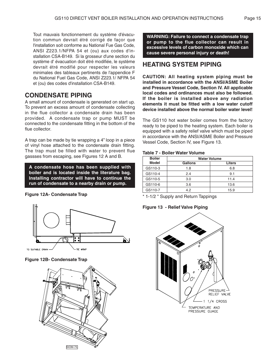 Heating system piping, Condensate piping | Smith Cast Iron Boilers GS110W User Manual | Page 15 / 32