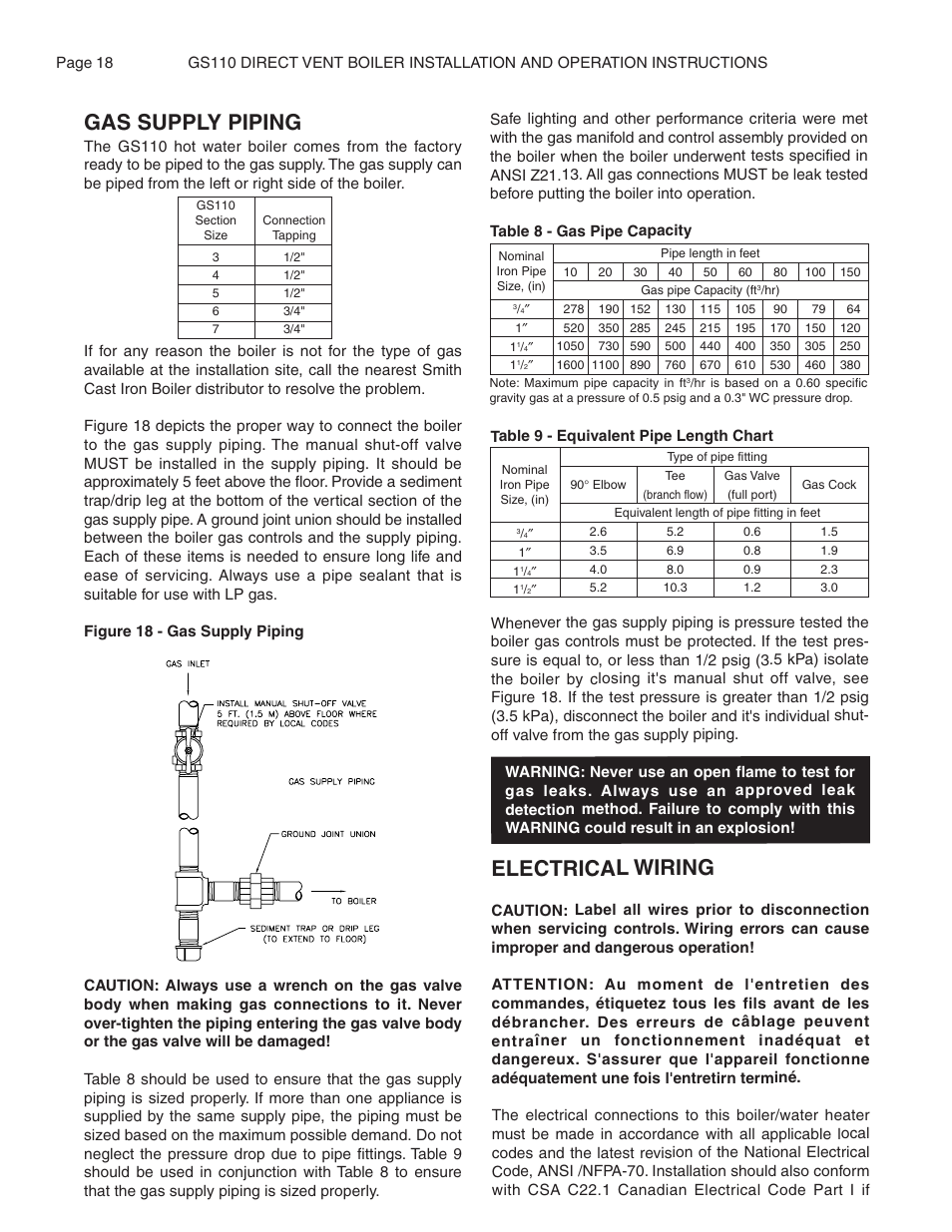 Gas supply piping, Electrical wiring | Smith Cast Iron Boilers GS110W User Manual | Page 18 / 32