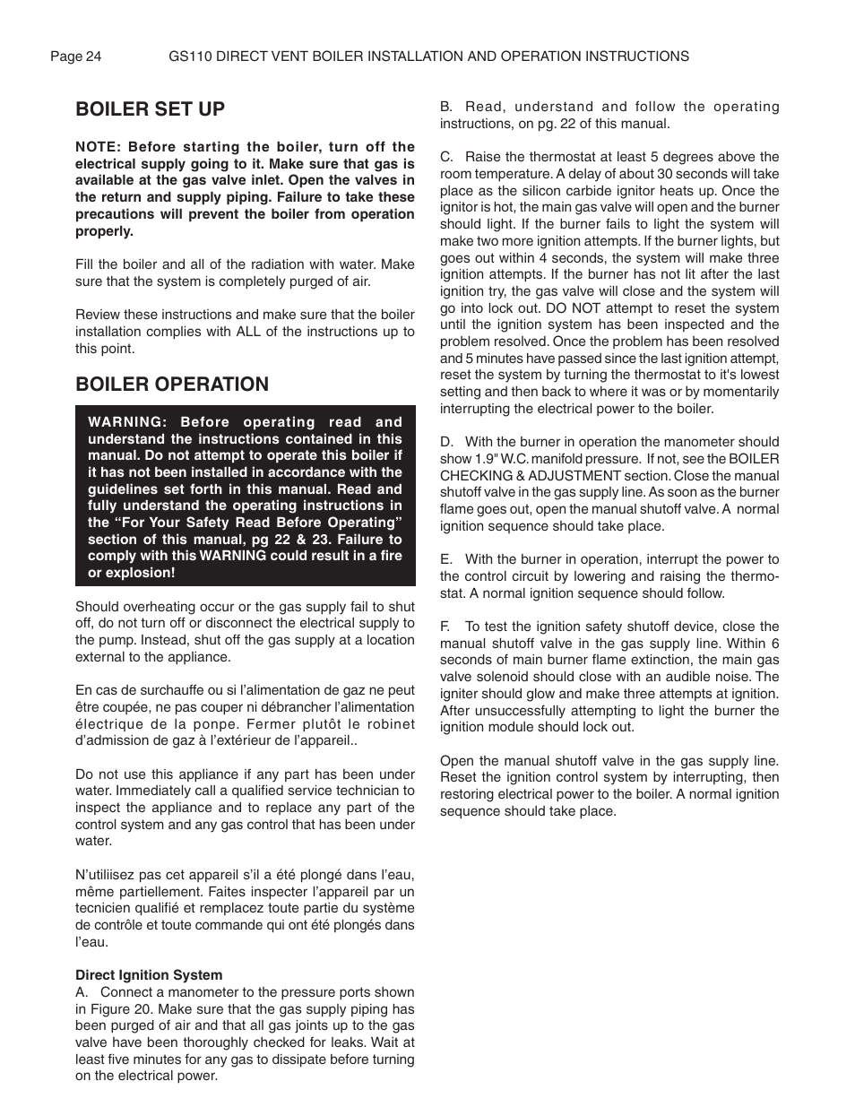 Boiler set up, Boiler operation | Smith Cast Iron Boilers GS110W User Manual | Page 24 / 32