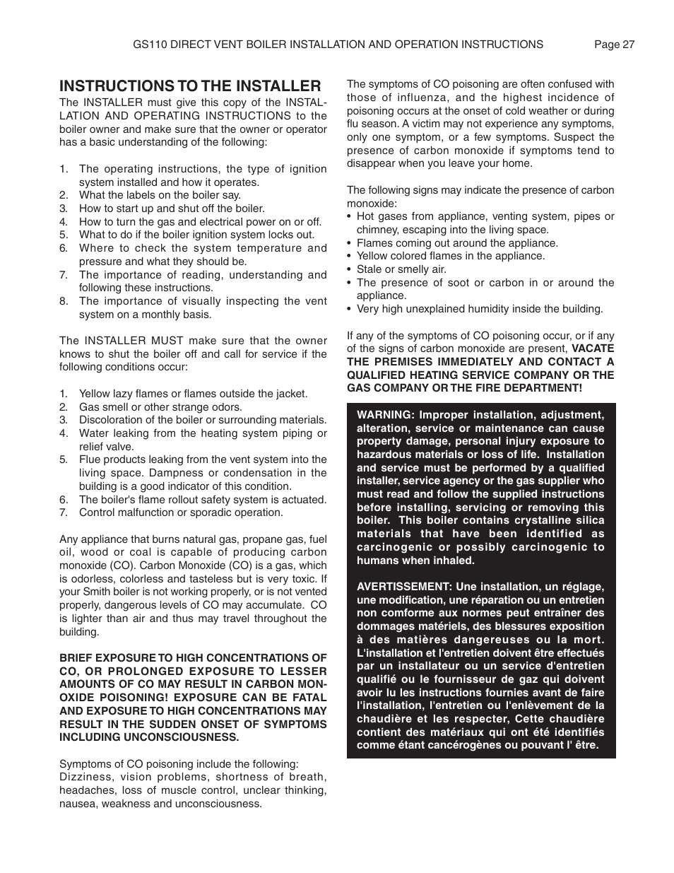 Instructions to the installer | Smith Cast Iron Boilers GS110W User Manual | Page 27 / 32