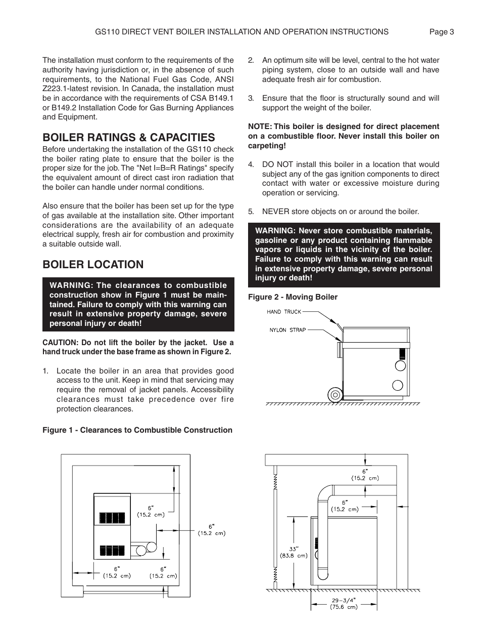 Boiler ratings & capacities, Boiler location | Smith Cast Iron Boilers GS110W User Manual | Page 3 / 32