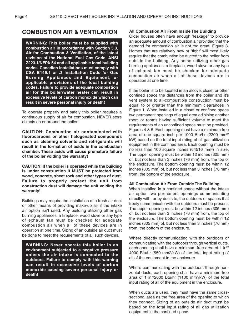 Combustion air & ventilation | Smith Cast Iron Boilers GS110W User Manual | Page 4 / 32