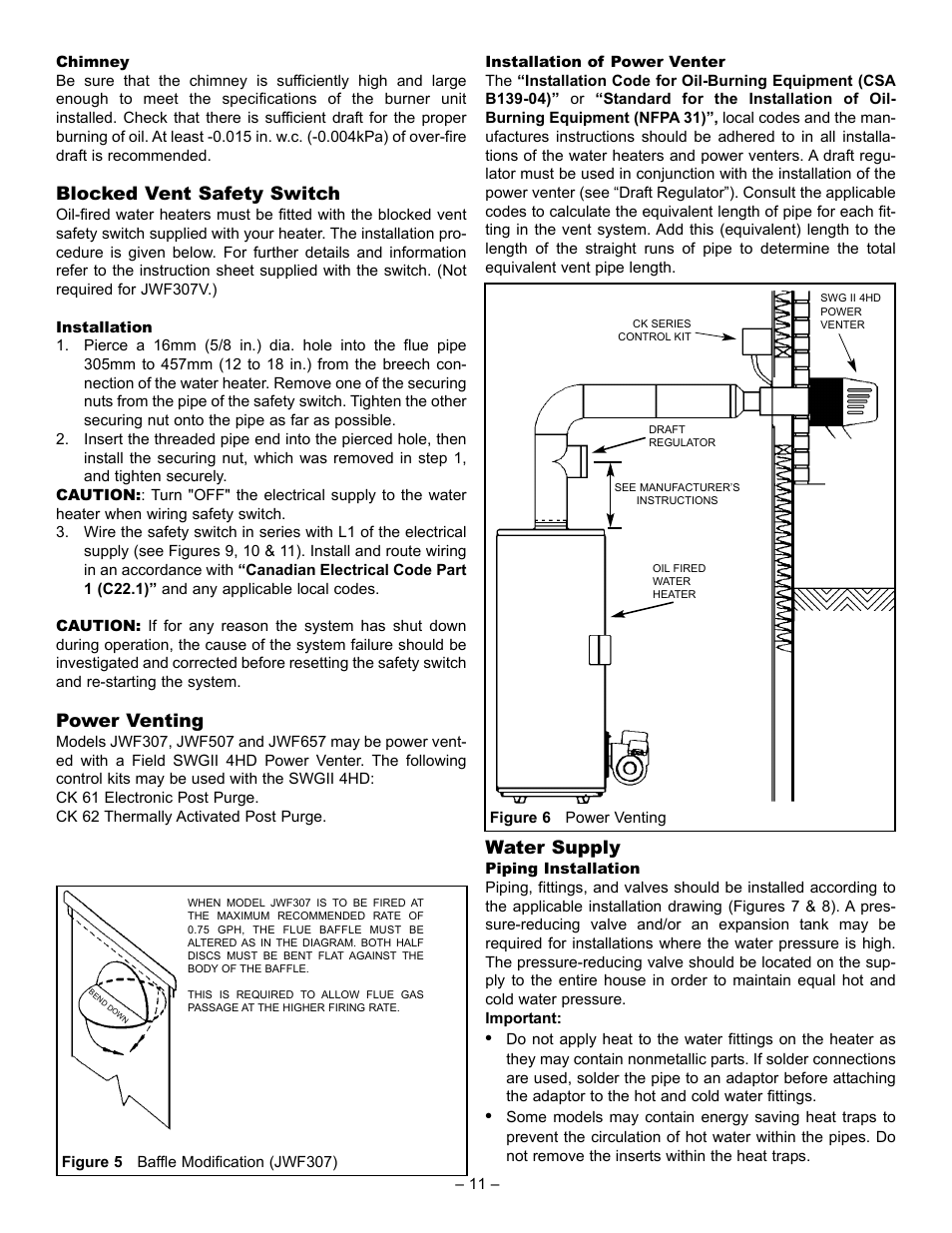 Blocked vent safety switch, Power venting, Water supply | John Wood Oil-Fired User Manual | Page 11 / 26