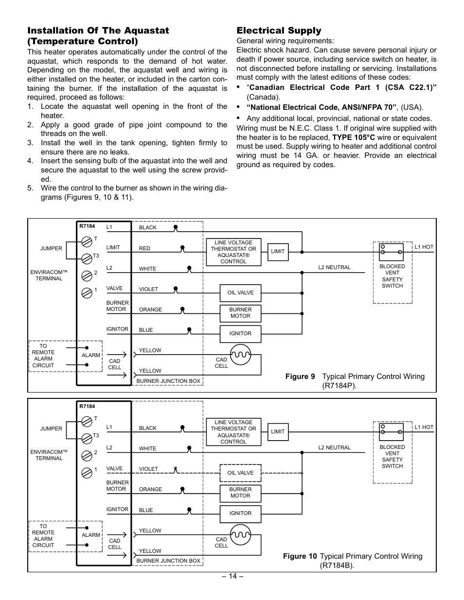 Installation of the aquastat (temperature control), Electrical supply, National electrical code, ansi/nfpa 70” , (usa) | John Wood Oil-Fired User Manual | Page 14 / 26