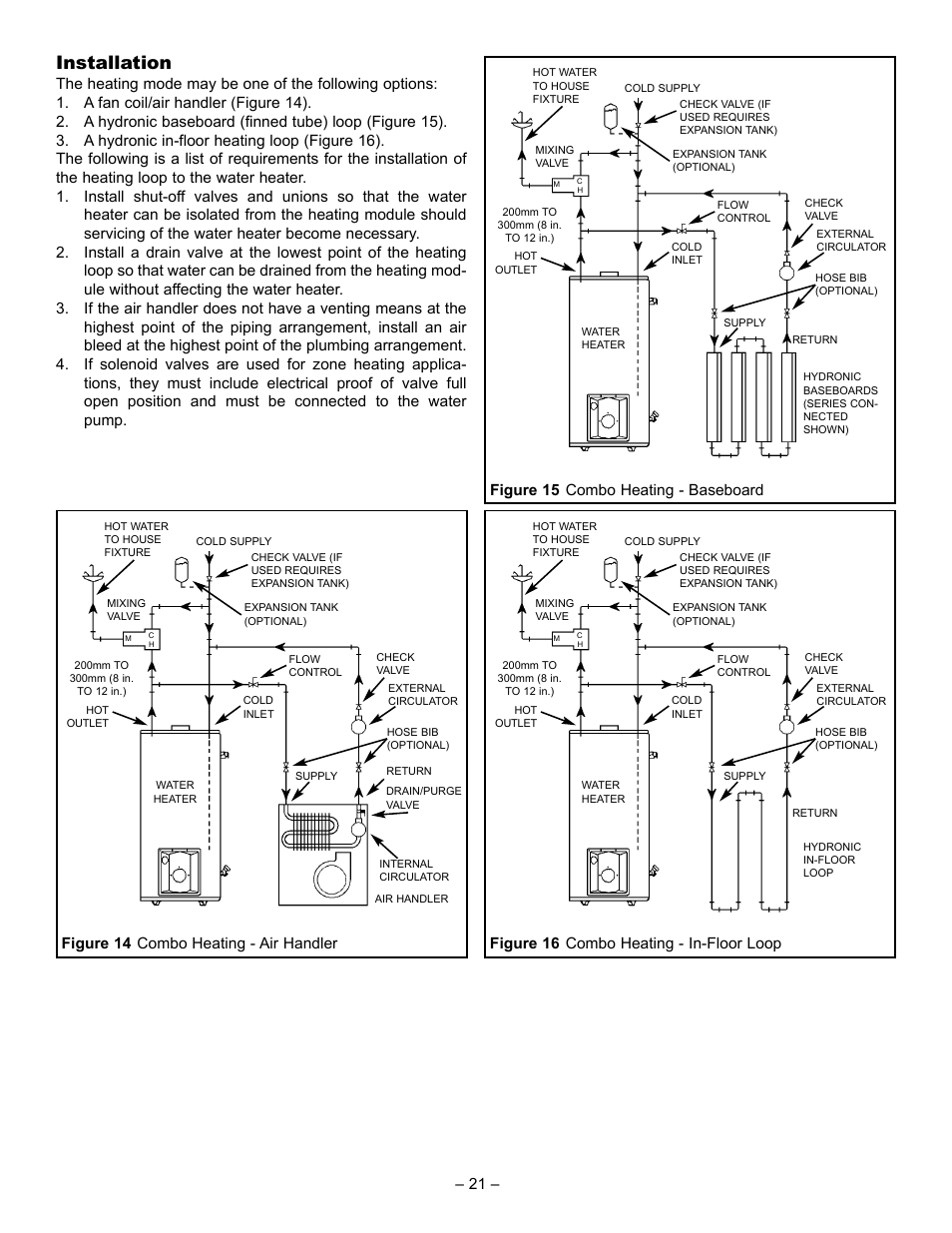 Installation, Figure 14 combo heating - air handler, Figure 15 combo heating - baseboard | Figure 16 combo heating - in-floor loop | John Wood Oil-Fired User Manual | Page 21 / 26