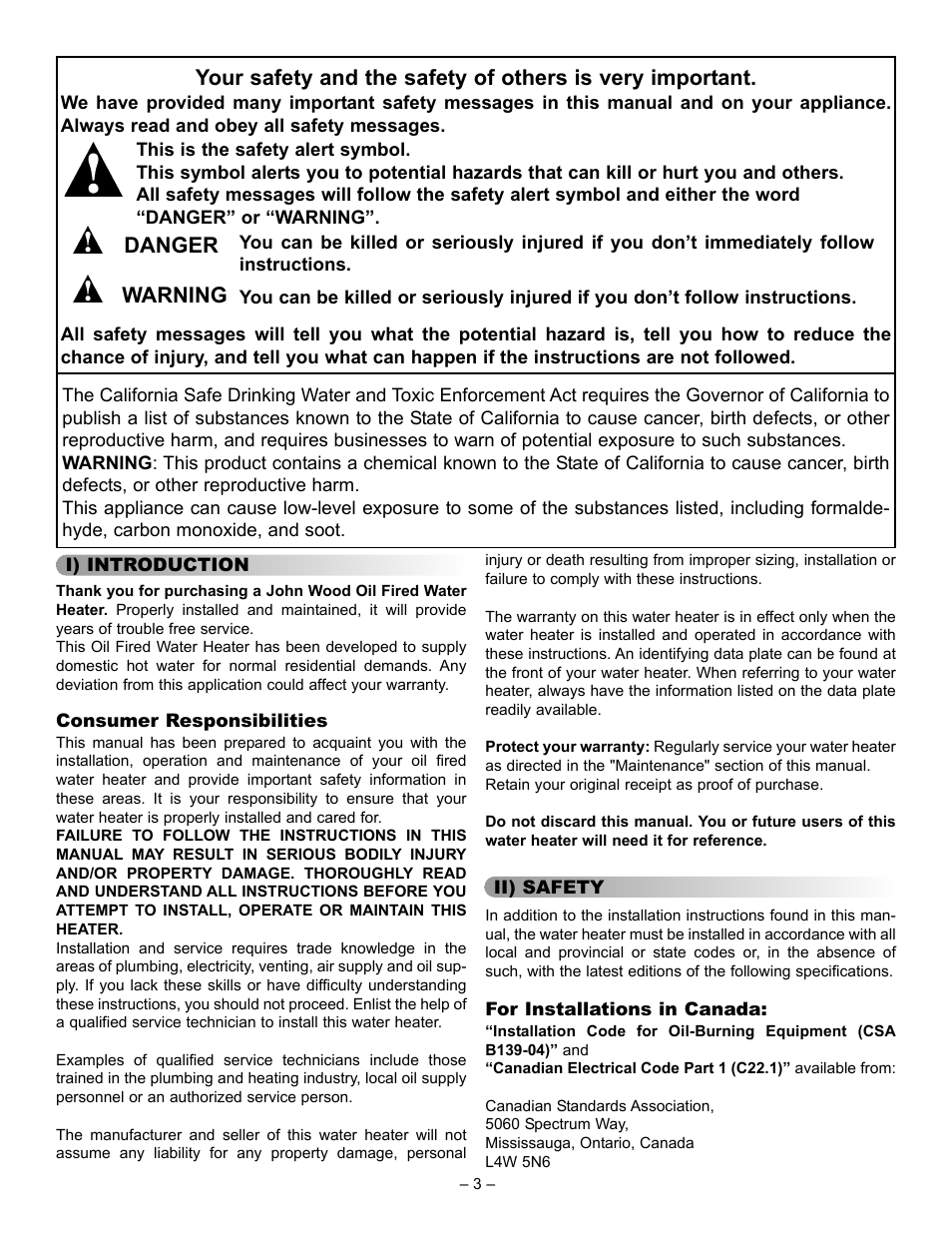 Danger warning | John Wood Oil-Fired User Manual | Page 3 / 26