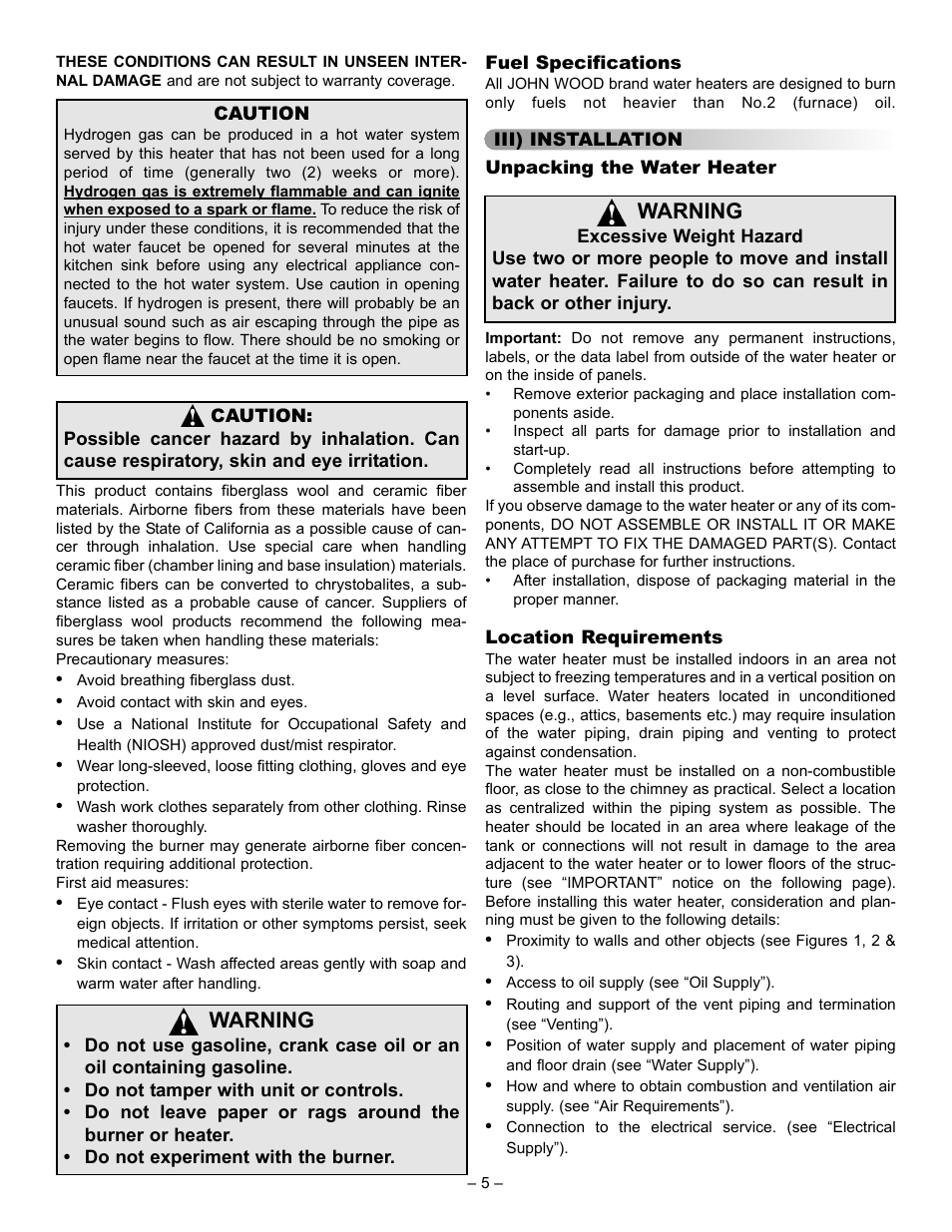 Warning | John Wood Oil-Fired User Manual | Page 5 / 26