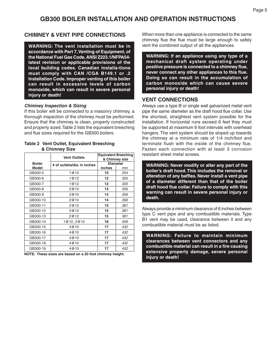 Chimney & vent pipe connections, Vent connections | Smith Cast Iron Boilers GB300 User Manual | Page 5 / 52