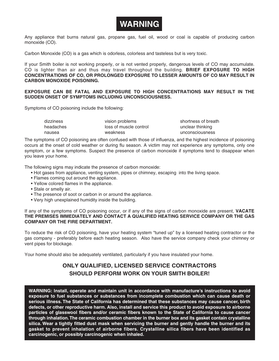 Warning | Smith Cast Iron Boilers GB300 User Manual | Page 51 / 52