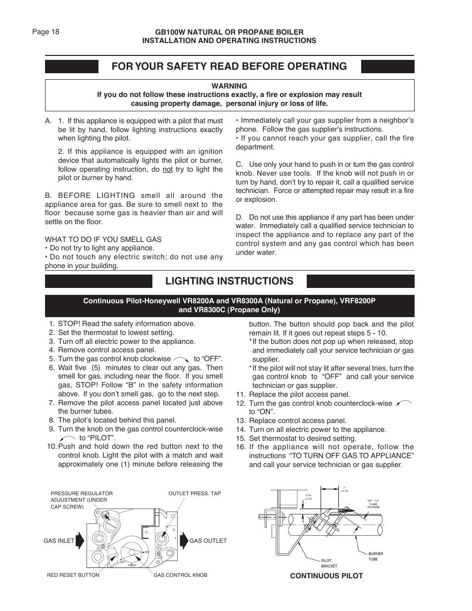 For your safety read before operating, Lighting instructions | Smith Cast Iron Boilers GB100W User Manual | Page 18 / 32