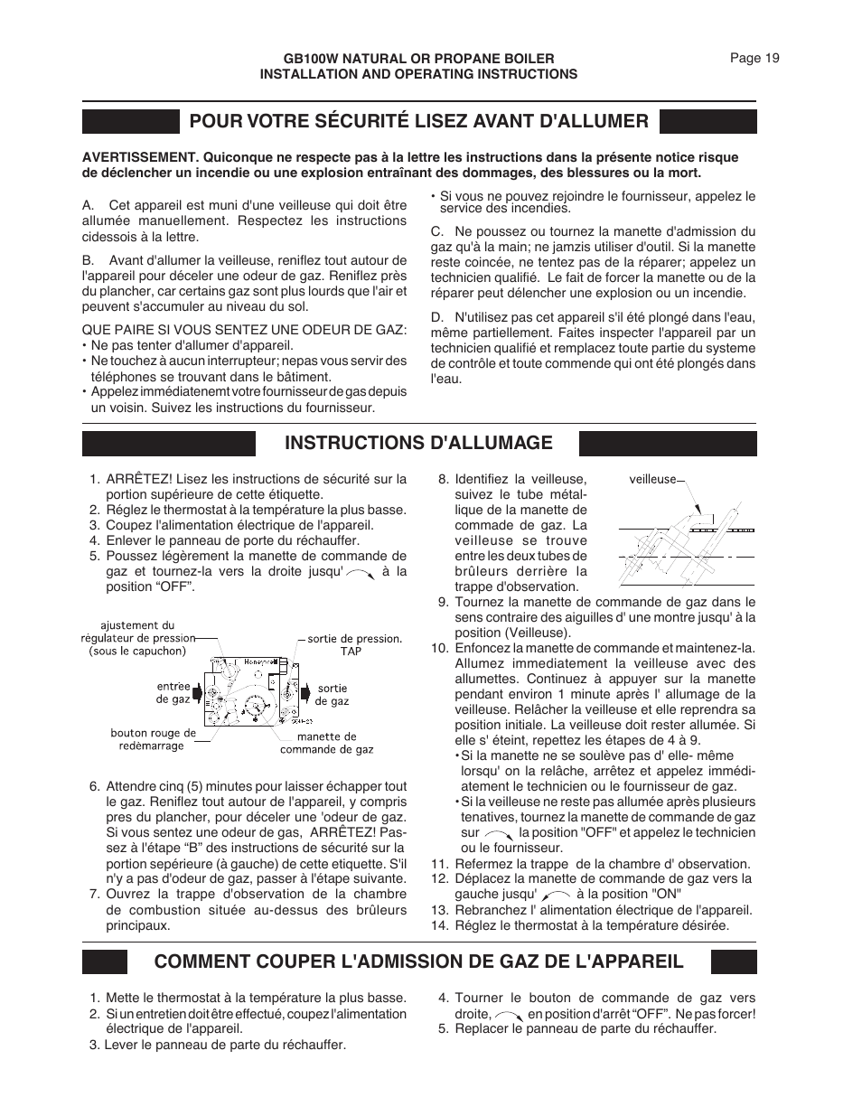 Instructions d'allumage, Pour votre sécurité lisez avant d'allumer, Comment couper l'admission de gaz de l'appareil | Smith Cast Iron Boilers GB100W User Manual | Page 19 / 32
