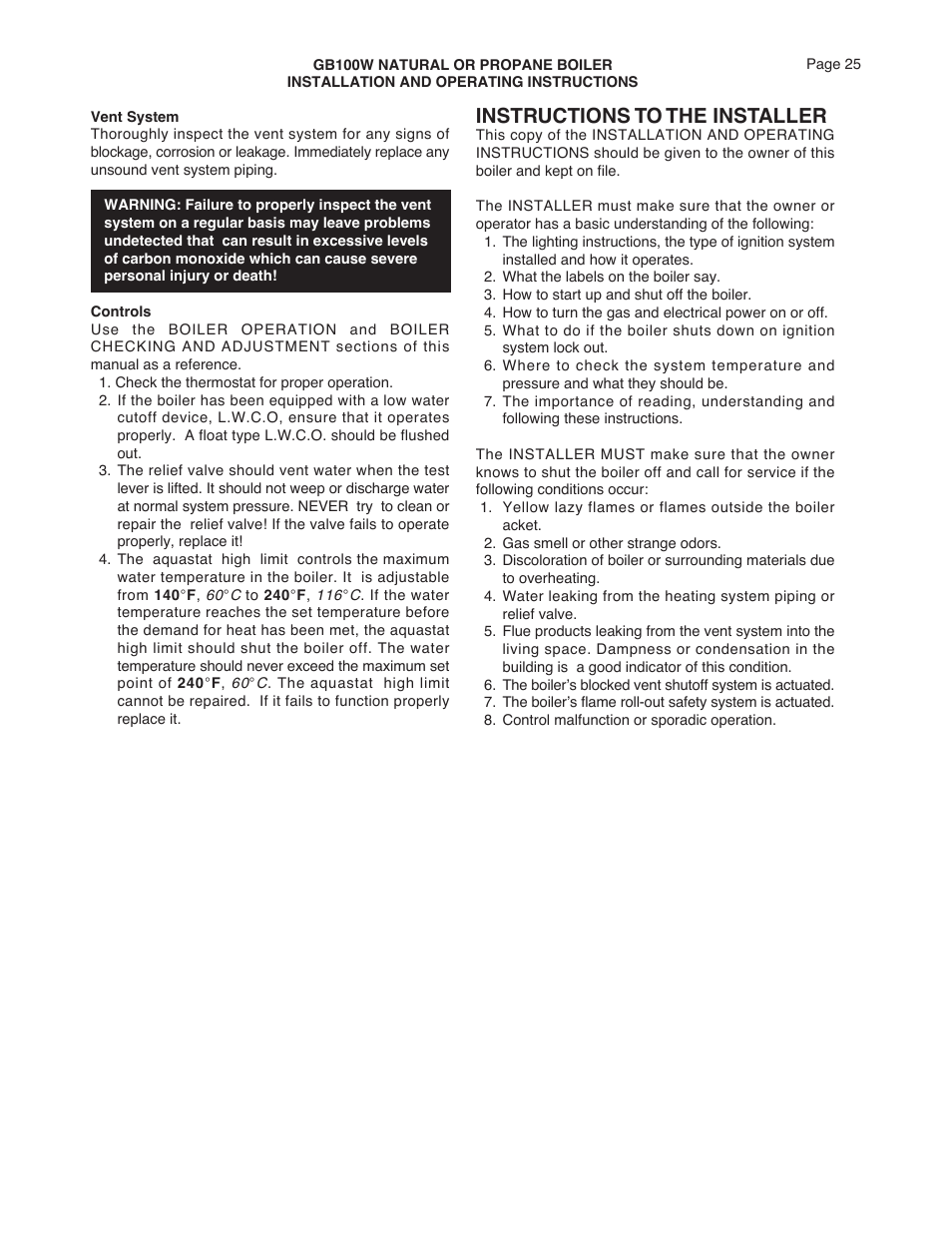 Instructions to the installer | Smith Cast Iron Boilers GB100W User Manual | Page 25 / 32