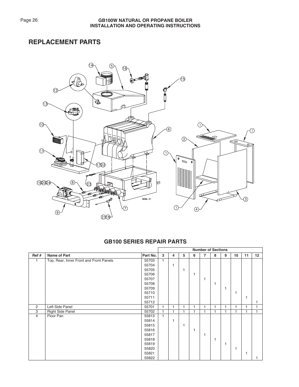 Replacement parts, Gb100 series repair parts | Smith Cast Iron Boilers GB100W User Manual | Page 26 / 32